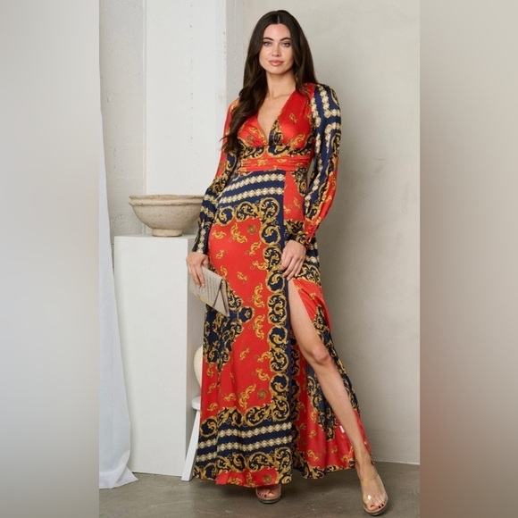 164 Women’s Long Sleeve V Neck Print Maxi Dress - Picture 4 of 5